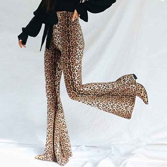 Pants - Leopard Print High Waist Flare Wide Leg Palazzo Trousers